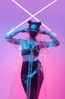 Cyberpunk Photoshoot, Neon Photoshoot, Neon Photography, Hipster Women, Look Festival, Cyberpunk Aesthetic, Cyberpunk Fashion, Face Protection, Raincoats For Women