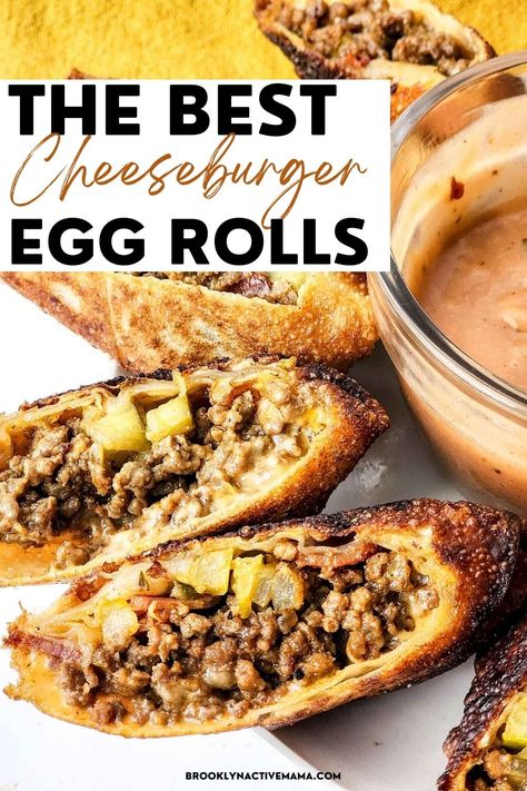 These cheeseburger egg rolls are so good and easy to make! They are great for a quick lunch or appetizer recipe! Egg Roll Filling Recipes, Egg Roll Wrapper Recipes, Cheeseburger Egg Rolls Recipe, Vietnam Recipes, French Fry Sauce, Cheeseburger Egg Rolls, Recipes Using Ground Turkey, Egg Roll Wraps, Crispy Rolls