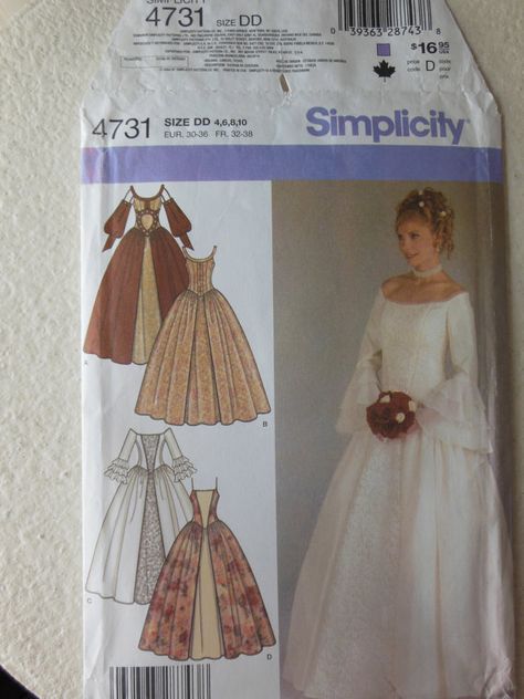 Simplicity gown pattern 4731 Sizes 4 to 10 UNCUT by rockamecook, $12.50 Wedding Dress Pattern, Theater Play, Wedding Dress Gown, Costume Sewing, Simplicity Patterns Vintage, Historical Costuming, Ren Fair, Costume Sewing Patterns, 20 Euro