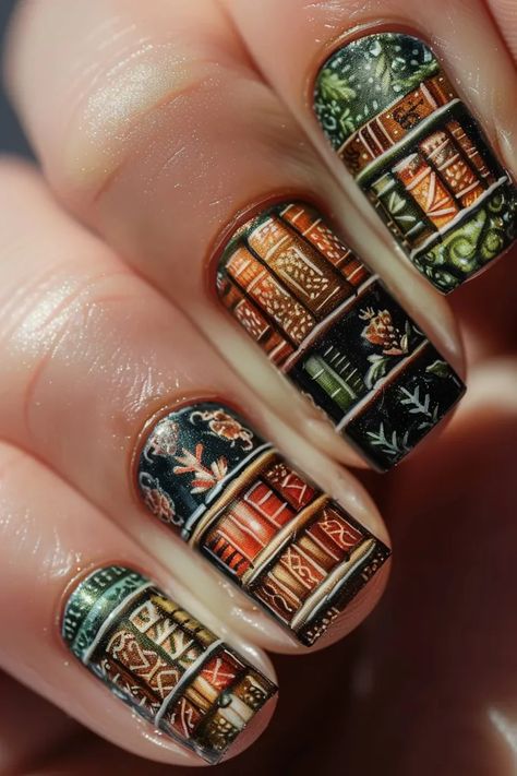 The image shows a hand with a book-themed nail art design. The nails are painted with an image of a library, complete with bookshelves, books, and even a librarian ->> more details in ai-img-gen.com Book Theme Nails, Bookish Nails Book Lovers, Book Themed Nails, Library Nails, Book Nails Designs, Book Inspired Nails, Bookish Nails, Book Nail Art, Nails Graduation