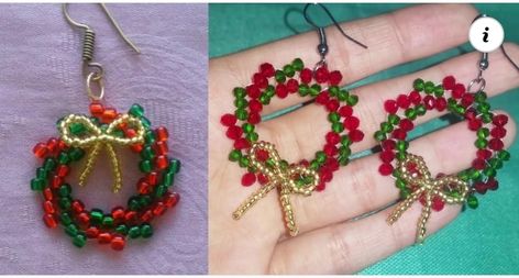 Make Christmas Wreath, Diy Christmas Earrings, Christmas Beads Craft, Diy Crafts Keychain, Xmas Beads, Beaded Ornaments Diy, Christmas Jewelry Diy, Wreath Earrings, Christmas Beading