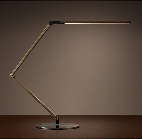 Z-Bar LED Task Table Lamp - $495 This razor sharp lamp from Restoration Hardware has a barely-there profile that will cut a modern look when it sets atop a clean desktop. An adjustable LED head means you can move it and control the light to go just where you want it Office Desk Designs, Table Lamp Office, Clean Desk, Lake Austin, Modern Desk Lamp, Table Lighting, Task Lamp, Functional Desk, Bar Led