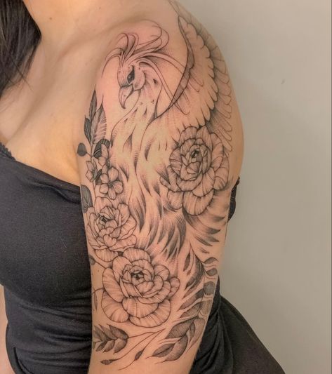 Phoenix Tattoo Flowers, Phoenix Tattoo Back Shoulder, Rising Phoenix Tattoo Feminine Shoulder, Upper Arm Phoenix Tattoos For Women, Pheonix Tattoo For Women Arm Sleeve, Pheonix Tattoo Upper Arm, Pheonix Tattoo Shoulder Women, Phoenix Bicep Tattoo, Phoenix Tattoo Feminine Arm Sleeve