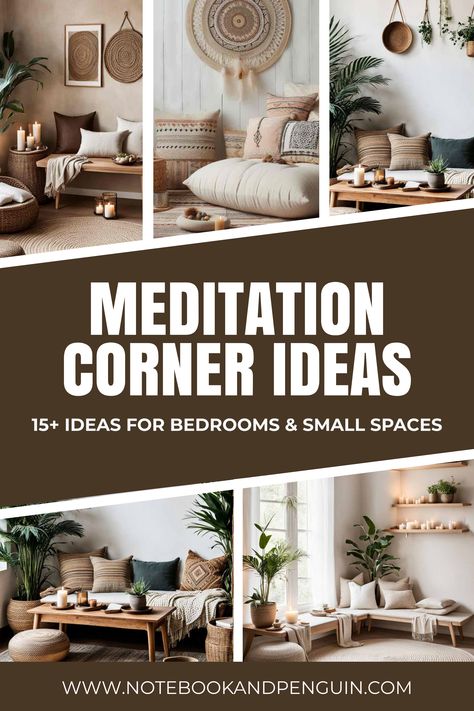 Meditation nook ideas collage Meditation Corner In Living Room, Yoga Bedroom Meditation Space, Tranquility Room Ideas, Chill Space Cozy Corner, Meditation Corner Ideas Small Spaces, Small Apartment Reading Nook, Corner King Bed Ideas, Cozy Chill Room, Bedroom Corner Ideas Cozy Nook