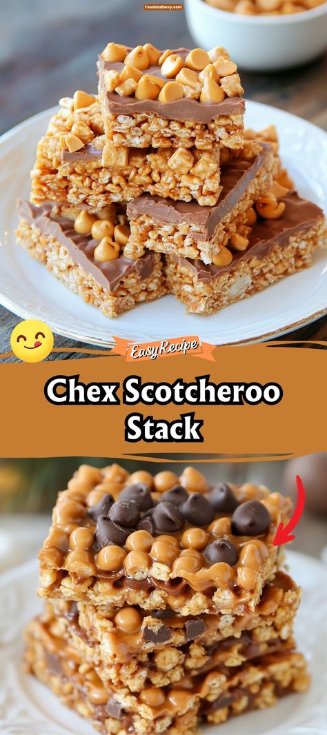 Enjoy the layered goodness of Chex Scotcheroo Stack, where crispy Chex cereal is mixed with peanut butter and coated in chocolate and butterscotch. These bars offer a delightful crunch and a fusion of flavors that are sure to be a hit at any party or as a fun snack for kids and adults alike. #Scotcheroos #ChexMix #PartySnacks Chex Scotcheroos, Captain Crunch Cereal, Chex Mix Recipes Original, Chocolate Chex, Snack For Kids, Rice Chex, Hearty Lunch, Chex Cereal, Chex Mix Recipes