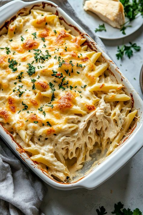 Dump and Bake Chicken Alfredo Casserole Penne Pasta Alfredo, Pasta Dump, Dump And Bake Chicken Alfredo, Chicken Penne Alfredo, Pasta Alfredo Sauce, Chicken Fettucini, Dump And Bake Chicken, Dump Chicken, Food With Chicken