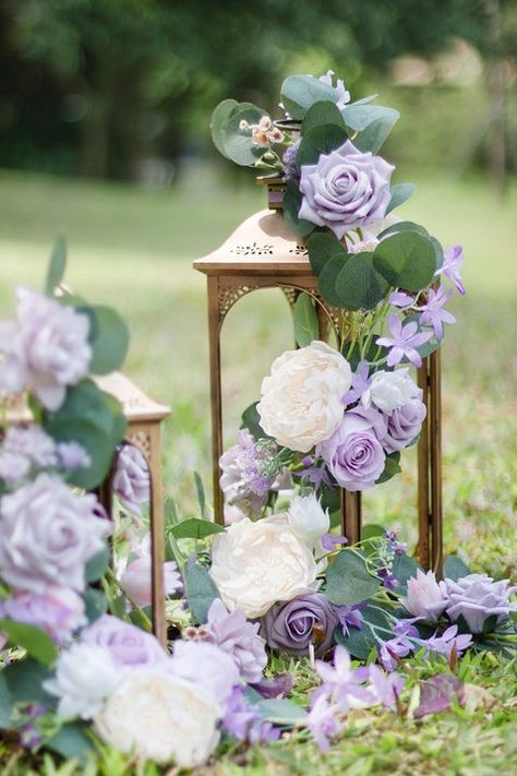 Wedding Centerpieces | Lantern Floral Arrangements (Set of 6) - Lilac & Gold – Ling's moment Lantern Floral Arrangements, Lilac Wedding Themes, Lantern Flowers, Tangled Wedding, Romantic Centerpieces, Centerpieces Floral, Lantern Centerpiece, Lantern Decor, Quinceanera Decorations