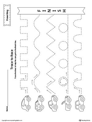 Prewriting Line Tracing to Race Worksheet Worksheet.Trace the lines to help the cars get to the finish line in this  printable worksheet. Prewriting Worksheets, Line Tracing Worksheets, Line Tracing, Prewriting Skills, Transportation Preschool, Preschool Tracing, Preschool Planning, Pre Writing Activities, Tracing Worksheets Preschool