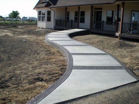 Front Yard Exterior Ideas Concrete Walkway Poured Concrete Walkway, Concrete With Stamped Border, Cement Sidewalk Ideas, Curved Concrete Walkway, Cement Walkway Ideas, Concrete Walkways To Front Door, Curved Sidewalk, Front Sidewalk Ideas, Stamped Concrete Sidewalk