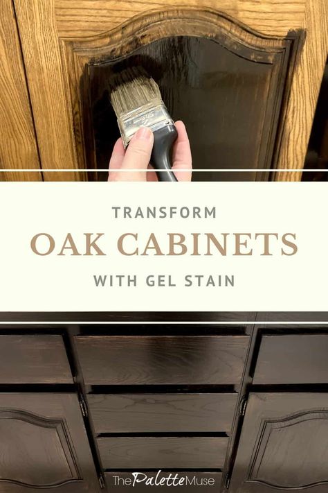 Transform Oak Cabinets with Gel Stain - a super easy and cost effective way to give your bathroom a whole new look! White Gel Stain, Gel Stain Kitchen Cabinets, Staining Oak Cabinets, Gel Staining Cabinets, Stained Kitchen Cabinets, Honey Oak Cabinets, Redo Cabinets, Update Cabinets, Staining Cabinets