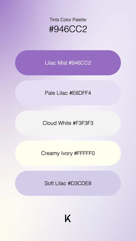 Tints Color Palette Lilac Mist #946CC2 · Pale Lilac #E6DFF4 · Cloud White #F3F3F3 · Creamy Ivory #FFFFF0 · Soft Lilac #D3CDE8 Colour Pallets, Create Color Palette, Hex Color Palette, Pale Lilac, Colour Tint, Hex Colors, Cloud White, Color Pallets, Unique Colors