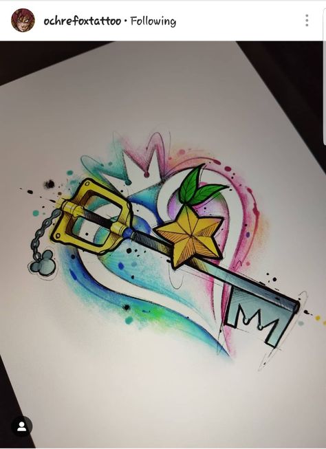 Keyblade Tattoo, Kingdom Hearts Tattoo, Watercolor Tattoo Sleeve, Tattoo Fairy, Nerdy Tattoos, Hearts Tattoo, Gamer Tattoos, Kingdom Hearts Fanart, Geek Tattoo