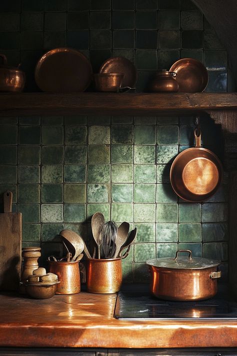 47 Boho-Eclectic Tiny House Kitchens: Global-Inspired Culinary Corners - TastyInteriors Copper Wood Kitchen, Green And Rose Gold Kitchen, Electric Kitchen Design, Forest Green And Copper Kitchen, Green Kitchen Copper Accents, Green Kitchen With Copper Accents, Pots Hanging In Kitchen, Copper Green Kitchen, Copper Kitchen Backsplash Ideas