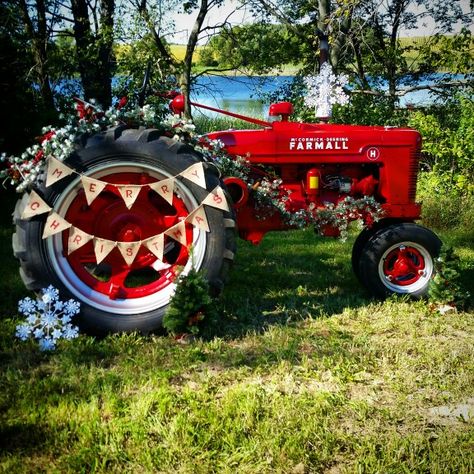 Christmas pictures with a tractor. I can't wait to get the proofs back! Christmas Tractor Pictures Family Photos, Hay Bale Christmas Photoshoot, Country Santa Photoshoot, Christmas Cow Photoshoot, Tractor Decorated For Christmas, Tractor Christmas Tree, Fall Tractor Decor, Fall Tractor Photo Shoot, Tractor Photo Booth