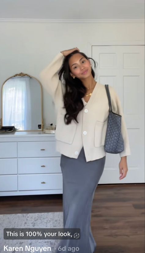 Modest Vest Outfits, Maxi Skirt And Cardigan Outfit, Modest Clean Girl Outfits, Corporate Baddie Summer Outfits, Classy Cardigan Outfit, Modest Corporate Outfits, Skirt Cardigan Outfit, Modest Office Outfits, Skirt And Cardigan Outfit