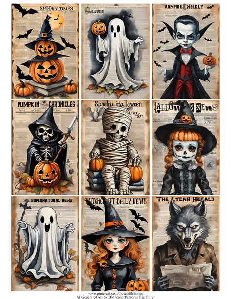 Vintage Halloween Graphics, Atc Cards Ideas Free Printable, Halloween Scrapbook Ideas, Vintage Halloween Printables Free, Free Halloween Printables Vintage, Printable Halloween Images, Halloween Mask Printable, Halloween Newspaper, Halloween Free Printables