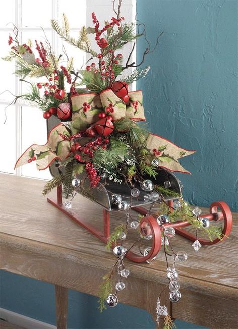 RAZ Christmas Sleigh - Trendy Tree Blog Christmas Sleigh Decorations, Diy Christmas Decorations For Home, Christmas Sled, Christmas Centers, Christmas Flower Arrangements, Christmas Floral Arrangements, Fabulous Christmas, Christmas Sleigh, Trendy Tree