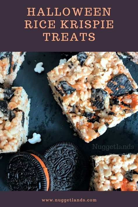 Halloween Rice Krispie Treats that are easy to make and fun for kids. Lots of ideas on how to serve them either in squares on a stick or festive shapes like ghosts and pumpkins. This fun recipe uses Oreos for the orange and black color pop. #halloween #RiceKrispie #treats #OREO #dessert #recipe Halloween Rice Crispy Treats, Halloween Rice Krispies, Oreo Rice Krispie Treats, Krispie Treats Christmas, Homemade Halloween Treats, Pumpkin Rice Krispie Treats, Halloween Rice Krispie Treats, Ghosts And Pumpkins, Krispie Treats Recipe