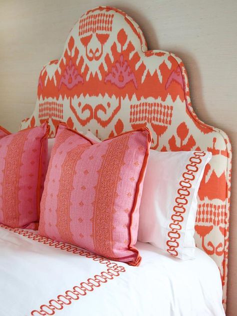 A cheerful pop of color delivered from a red and pink Ikat twin headboard accented with red chain-link bedding in a girls contemporary bedroom design. Contemporary Bedroom Design, Dorm Room Designs, Twin Headboard, Preppy Room, Room Inspiration Bedroom, Contemporary Bedroom, Dorm Room Decor, Dream Bedroom, Bedroom Colors