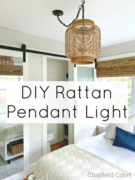 How to make a rattan DIY hanging lamp with thrifty finds for a guest bedroom. #diy #hanginglampdiy #hanginglight #hangingpendantlight #pendant light #pendantlightdiy Diy Hanging Lamp, Diy Outdoor Lights, Diy Hanging Light, Rattan Diy, Diy Outdoor Lighting, Diy Pendant Light, Diy Lampe, Diy Nightstand, Lamp Diy