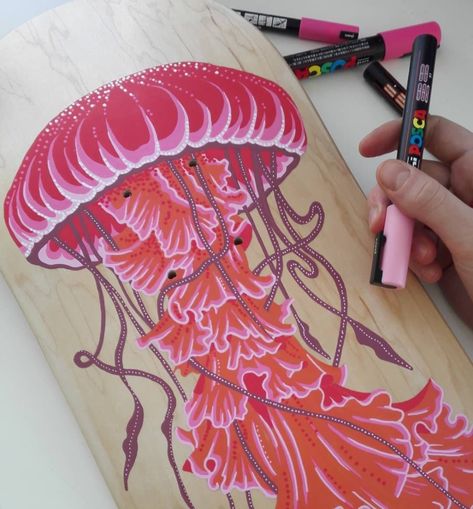 POSCA UK (@posca_uk) • Instagram photos and videos Skateboard Room, Painted Skateboard, Surfboard Painting, Custom Skateboard Decks, Snowboard Art, Aquatic Animal, Snowboard Design, Longboard Design, Pink Jellyfish