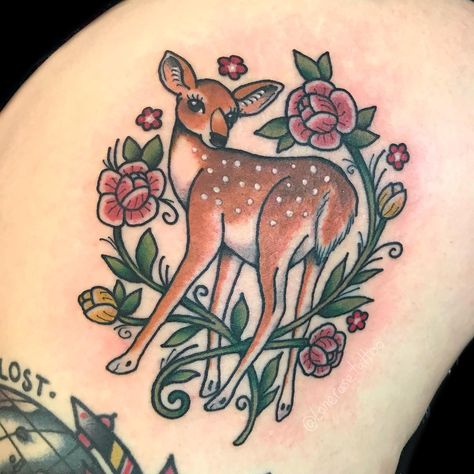 Deer tattoo - fawn tattoo Traditional Tattoo Baby, Baby Deer Tattoo, Fawn Tattoo, Blackberry Tattoo, Doe Tattoo, Matching Tats, Bug Tattoo, Insect Tattoo, Deer Tattoo