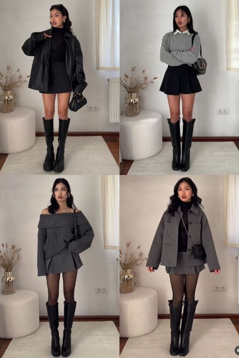 Casual Skirt And Boots Outfit, How To Pair Boots Outfit Ideas, Fall High Boots Outfit, Platform Knee Boots Outfit, Thigh High Boots Skirt Outfit, Tall Boots With Long Skirt, Steve Madden Berkleigh Boots Outfit, Winter Biker Boots Outfit, Outfit Ideas With Thigh High Boots