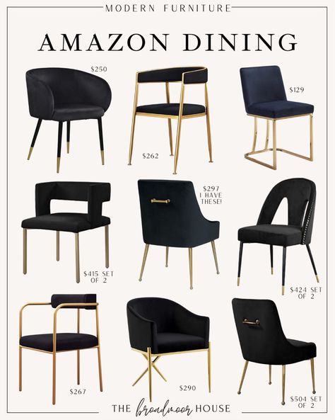 Modern Black Upholstered Dining Chairs, Black Fabric Chairs Dining Rooms, Black Velvet Chairs Dining, Black Gold And Neutral Living Room, Modern Dining Room 2023, Black Gold Dining Chairs, Dining Room Black And Gold, Black Velvet Dining Room Chairs, Black White Neutral Dining Room