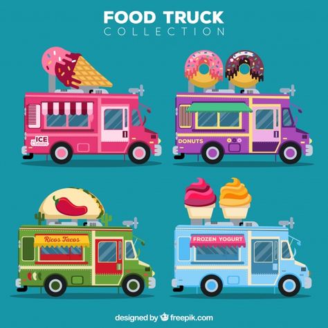 Cute pack of colorful food trucks | Free Vector Food Truck Template, Truck Template, Food Truck Party, Food Truck Events, Truck Crafts, Truck Graphics, Colorful Food, Ice Cream Art, Watercolor Food