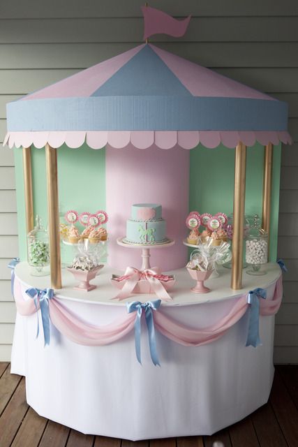 Carousel dessert table to display children's books about the circus! Imagine the possibilities with more color and animals. Mary Poppins Party, Carousel Party, Party Deco, Jolly Holiday, Dessert Buffet, Candy Table, Tea Party Birthday, Nalu, Candy Buffet