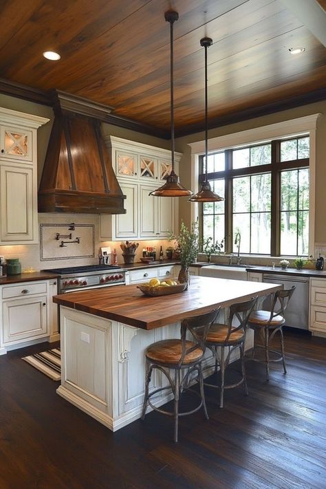 Warm up your kitchen with wooden accents. Wooden countertops, cabinets, or even a butcher block island add a rustic yet refined touch to your culinary space. 🍽✨🌳 #WoodenKitchen #HomeDecor #RusticCharm #KitchenDesign Kitchen With Connected Island, Kitchen Island Ideas Butcher Blocks, Rustic Butcher Block Countertops, Wooden Countertops Kitchen Farmhouse, Butcher Block Countertops And Wood Floor, Butcher Block Islands In Kitchen, Wooden Island Countertop, Butcher Block Kitchen Island Ideas, White Island With Butcher Block Top