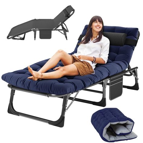 PRICES MAY VARY. ⭐【Adjustable Lounge Chair】Slsy folding chaise lounge with triangle locking system, which allows you to lock the reclining cot in 5 different positions, you can recline or lay flat. ⭐【Easy to Fold 】It is easy to store and carry. The dimension of the adjustable folding cot is 75.2 x 26.8 x 11.8 inches, packed size: 30 x 26 x 9.8 inches. Perfect for relaxing on the patio or beach, or as a sleeping bed while camping. ⭐【Removable Mat & Pillow】The folding lounge chair cot have various mattress options. The mattress is a soft removable pad which is very comfortable. ⭐【Multipurpose Lounge Cot】The folding cot is ideal for outdoor and indoor using. You could take the folding camping cot to the beach, camping, patio, pool, balcony, or as a temporaray bed for guest. ⭐【Built for Last】W