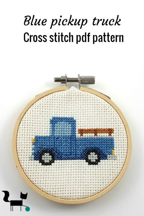 I designed this blue pickup truck cross stitch pdf pattern as part of a vehicle line that I designed with boy room decor in mind. #crossstitch #pickuptruck #nurserydecor Truck Cross Stitch, Blue Pickup Truck, Stitch Decoration, Boys Wall Decor, Christmas Boards, Thread Crafts, Cross Stitch Pattern Maker, Nursery Cross Stitch, Blue Truck