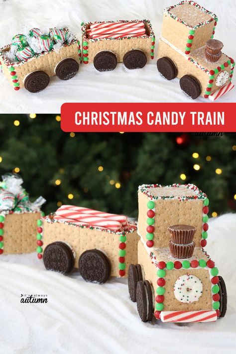 Make this adorable Christmas candy train with your kids! Fun Christmas craft. It's made with graham crackers, so it's much easier than baking gingerbread. Gram Cracker Gingerbread House, Christmas Candy Train, Graham Cracker Gingerbread, Graham Cracker House, Graham Cracker Gingerbread House, Candy Train, Homemade Gingerbread House, Gingerbread House Ideas, Cracker House