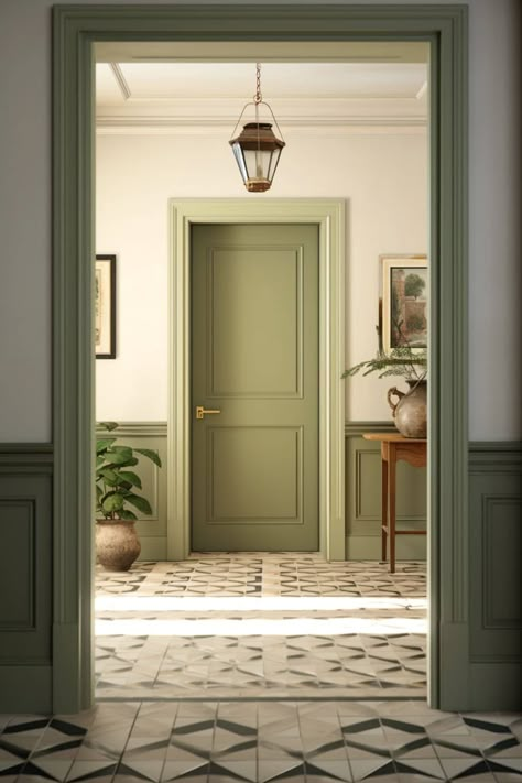 Hallway Panelling, Hallway Door, Hallway Paint, Green Hallway, Hal Decor, Casa Vintage, Green Door, Wooden Blinds, Green Interiors