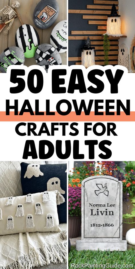 Inside: Discover 50 super easy adult crafts for Halloween that will transform your home into a spooky haven! Get inspired with creative Halloween wreath ideas, spooky welcome mats, delightful candy corn crafts, and much more. You’re bound to fall in love with these bewitching DIY projects! Make Your Own Halloween Decorations, Adult Halloween Craft Party, Halloween Easy Diy Decorations, Halloween Home Made Decorations, Halloween Adult Craft Ideas, Craft Ideas For Halloween, Halloween Party Crafts For Adults, Fun Halloween Crafts For Adults, Halloween Decorations Easy Diy