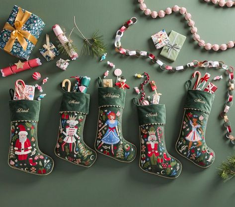 Rifle Paper Co. Nutcracker Santa Embroidered Velvet Christmas Stocking | Pottery Barn Kids Christmas Stockings Ideas, Christmas Goals, Pottery Barn Christmas Stocking, Velvet Christmas Stocking, Stocking Decor, Nutcracker Characters, Embroidered Stockings, Stockings With Names, Custom Stocking