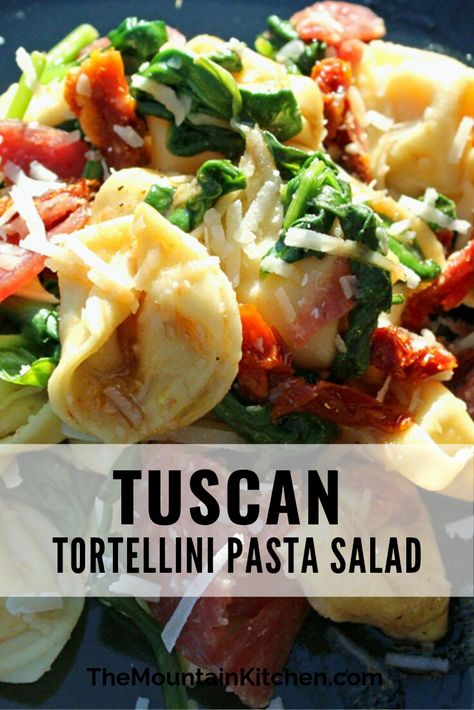 This Tuscan Tortellini Pasta Salad is loaded with cheese tortellini pasta, Italian salami, tangy sun-dried tomatoes and fresh spinach, topped with extra parmesan cheese and a savory homemade balsamic dressing. Tuscan Pasta Salad Recipes, Tortalini Pasta, Tuscan Tortellini Pasta, Tuscan Tortellini Salad, Spinach Tortellini Salad, Tuscan Tortellini Pasta Salad, Balsamic Tortellini, Sundried Tomato Tortellini, Cold Tortellini Pasta Salad