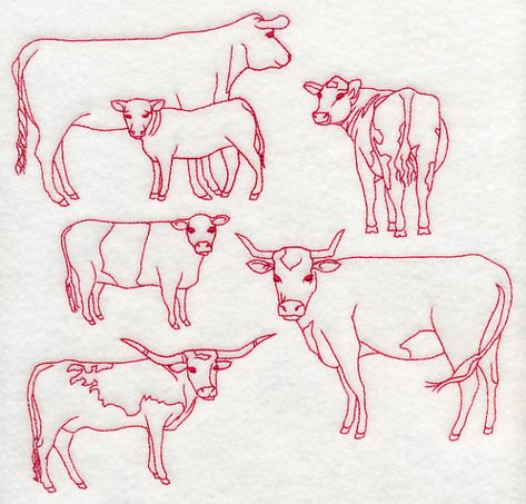 Cattle Medley (Redwork) Chicken Tattoo, Rooster Tattoo, Freestanding Lace Embroidery, Redwork Embroidery, Chicken Art, Free Machine Embroidery Designs, Free Machine Embroidery, Country Charm, Embroidery Library