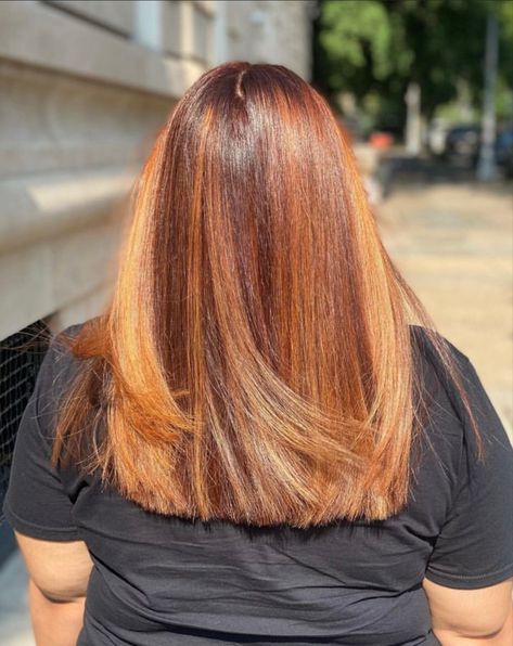 Brown And Ginger Ombre, Bold Natural Hair Color, Brown Color Hair Black Women, Red And Blonde Highlights On Black Women, Ombre Brown Hair Black Women, Caramel And Copper Highlights, 2 Color Hair Dye Ideas, Highlights For Summer, Colored Locs