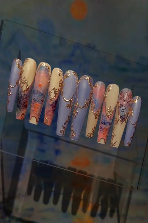 Sunset Oil Painting, Pretty Gel Nails, Really Cute Nails, The Seine, Dream Nails, Fire Nails, Funky Nails, Long Acrylic Nails, Mystery Box