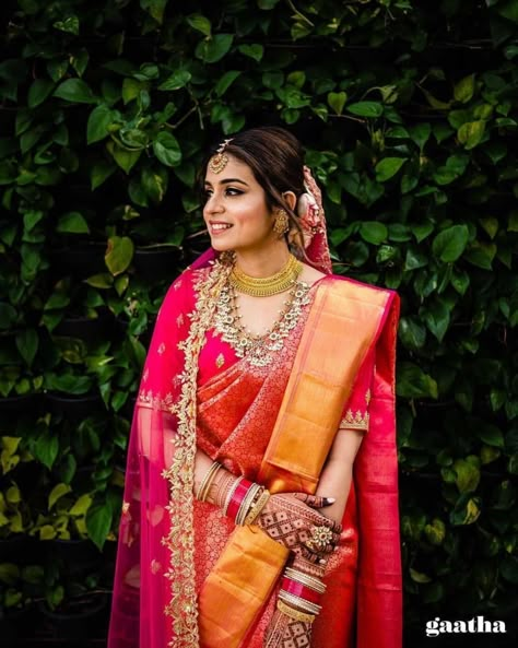 Colorblocked Kanjeevaram Sarees We Loved! | WedMeGood Bridal Saree Maharashtrian, Varmala Maharashtrian Weddings, Shalu Saree Maharashtrian For Bride, Kanjeevaram Sarees Wedding, Marathi Wedding Couple, Sabyasachi Designs, Veil Designs, Bridal Mendhi, Red Saree Wedding