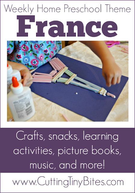 France Theme Weekly Home Preschool. Crafts, snacks, music, field trip, picture books, and more! Perfect amount of activities for one week of EASY homeschool pre-k. Music Theme Preschool, France Craft, Home Preschool, Around The World Theme, Homeschool Geography, French Activities, World Thinking Day, Preschool Snacks, French Classroom