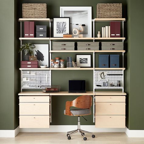 Elfa Home Office Ideas, Elfa Shelving Office, Elfa Desk Ideas, Elfa Office Ideas, Home Office File Storage Ideas, Office Shelves Organization, Elfa Office, Small Office Storage, Home Office Shelves