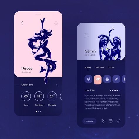 Daily Horoscope App Your opinion? 🧐  #ui #uxui #horoscope #astrology #astro #gemini #pisces #darkui #mobileui #appdesign #mobileui Horoscope App Design, Astrology App Design, Cosmic Calendar, Horoscope Design, Astrology App, Gemini Pisces, Plant App, Ui Ux App, Mobile Ui Design