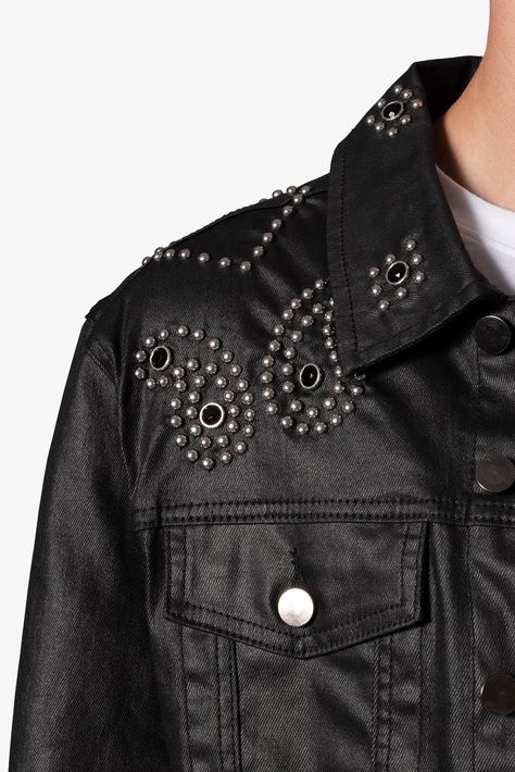 the Paisley Stud Trucker Jacket is designed with a relaxed fit, a button placket and closures at the wrists, pockets on both the chest and lower front, studding on the chest, shoulders, and wrists in a paisley pattern, and is constructed from a developed fabric that gives a 'leather' like shine. Details relaxed fit 100% cotton Model is 6’0, 140 lbs and wears a size medium Embellished Jackets, Jean Jacket Design, Western Goth, Stud Clothing, Paisley Jacket, Studded Denim Jacket, Studded Leather Jacket, 140 Lbs, Visual Board