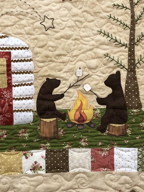 Camp Sugar Bear BOM Quilt Kit by Arlene Stamper & Melissa Harris - Maywood Studio | My Favorite Quilt Store Camping Quilt Ideas, Camping Quilt Pattern, Moose Quilt, Camping Quilt, Woodland Quilt, Sugar Bears, Bear Quilts, Precut Quilts, Applique Kit