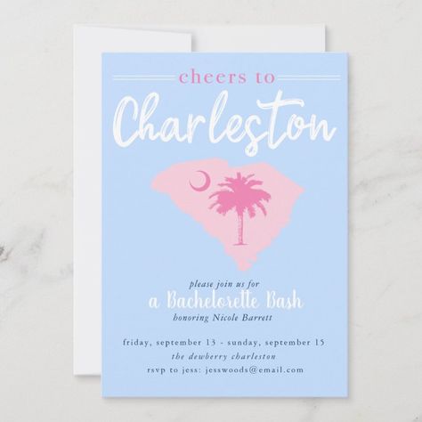 Cheers to Charleston South Carolina Bachelorette Invitation  Zazzle Charleston South Carolina Bachelorette, Blue Bachelorette, Bachelorette Party Theme, Charleston Bachelorette Party, Charleston Bachelorette, Online Party Invitations, Girls Weekend Getaway, Bachelorette Invitation, Bachelorette Themes