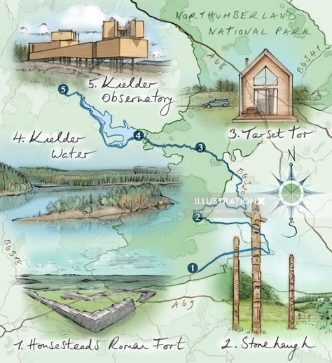 Map for travel editorial about Northumberland driving routes, Boundless Magazine, Immediate Media, September 2018. Route Map Illustration, Map Route, Travel Editorial, Northumberland National Park, Architectural Illustration, Campus Map, Map Illustration, Watercolor Map, Diary Ideas