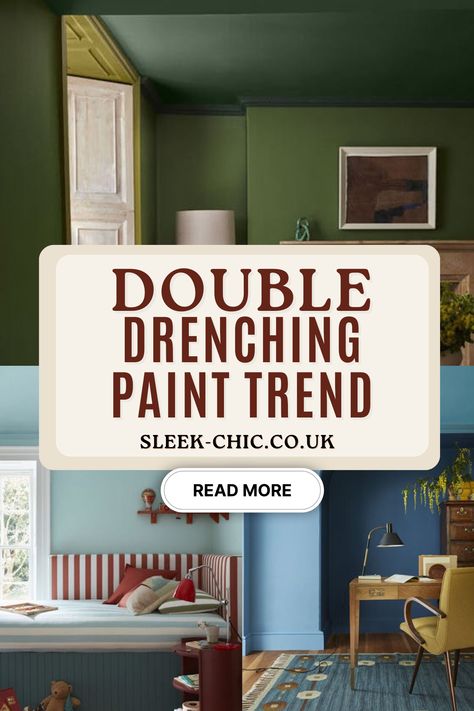 Colour drenching has had its moment, and it's going to be all about double drenching your interiors 2024 and beyond. Here's everything you need to know about it along with 9 examples. Living Room Rich Colors, Double Drenching Bedroom, Green Walls Blue Trim, Rich Wall Color Interiors, Painted Baseboards And Trim Wall Colors, Alcove Colour Ideas, Unique Room Colors, Color Drench Small Hallway, Neutral Color Drenching